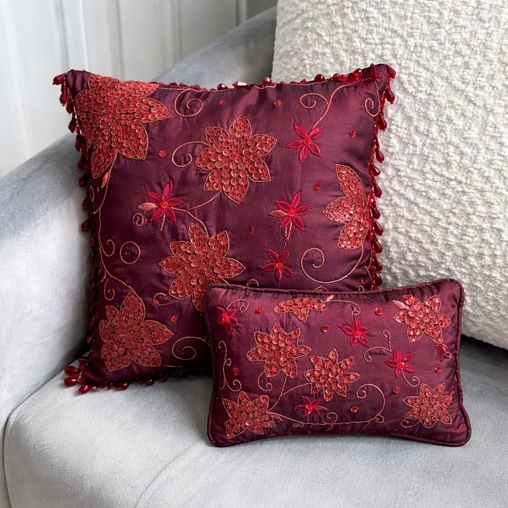 Vintage Burgundy Beaded Floral Pillow Set 2pc Boho Glam Decor 11” 6x8
